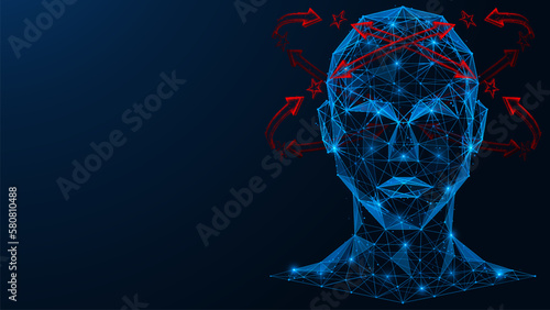 Dizziness, arrows with stars around a person's head. Polygonal design of interconnected lines and points. Blue background.