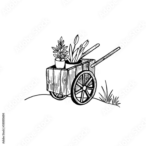 Wooden garden cart with flowers and seedlings. Vector cartoon illustration in the style of doodles.