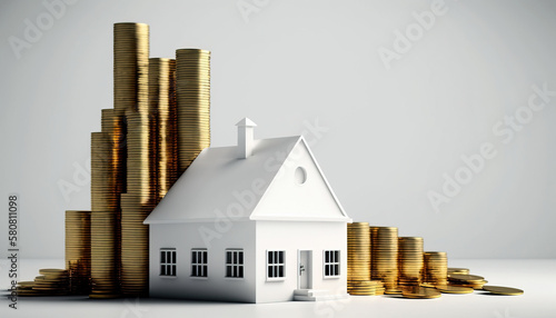 Fotografia House mortgage, with golden stacks of coins. generative AI