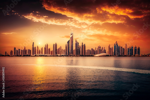 Dubai panorama skyline at dramatic sunset in Marina, United Arab Emirates. Travel, tourism, architecture, cityscape, skyscraper, urban, modern, contemporary,  © Saulo Collado
