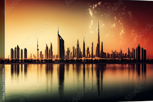 Dubai panorama skyline at dramatic sunset in Marina, United Arab Emirates. Travel, tourism, architecture, cityscape, skyscraper, urban, modern, contemporary, 