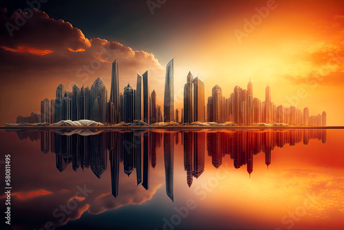 Dubai panorama skyline at dramatic sunset in Marina  United Arab Emirates. Travel  tourism  architecture  cityscape  skyscraper  urban  modern  contemporary  