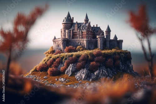 Fotografiet Discover the Majestic Medieval Castle on Hilltop Featuring Hyper-Detailed Bokeh,