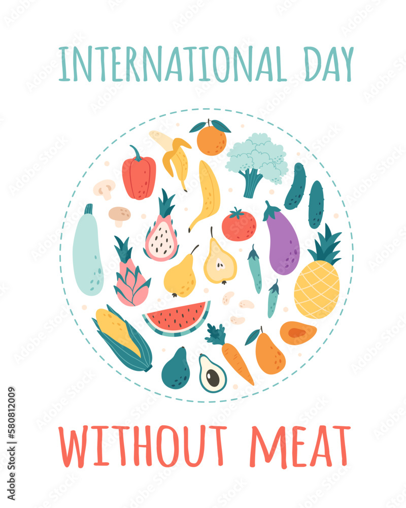 International day without meat. Vegetables and fruits. Healthy food. Vector illustration in flat style