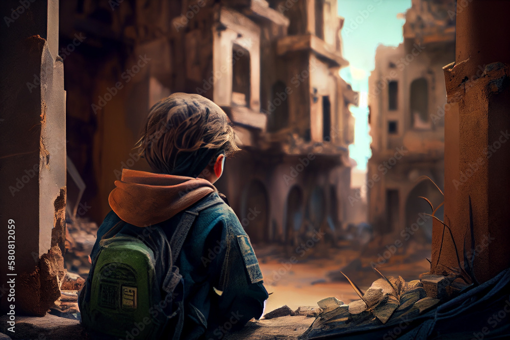 Rear View Of Little Kid Seeing Ruins From War Deep In Thought Modern Town Deep Learning. Created with Generative AI technology