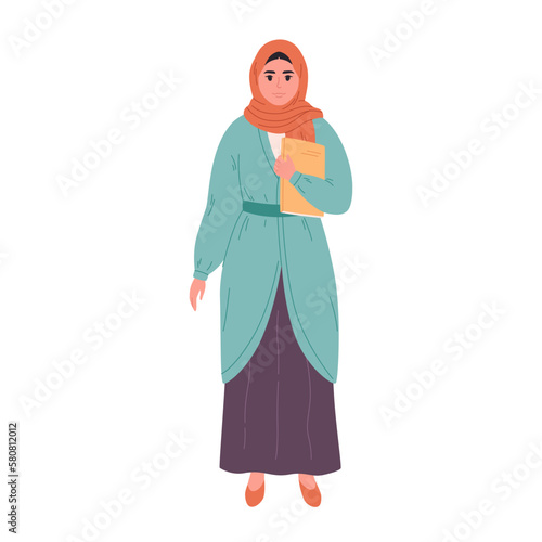 Muslim woman in hijab with book. School teacher, librarian, business woman. Vector illustration in flat style