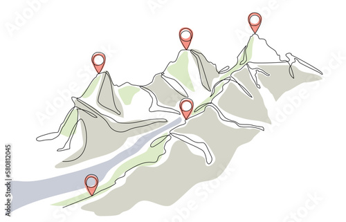 Continuous one line drawing of route in the mountains with location pointers. Gps navigation and Travel concept. Editable stroke. Map pin line background. Travel concept Vector drawing in linear style