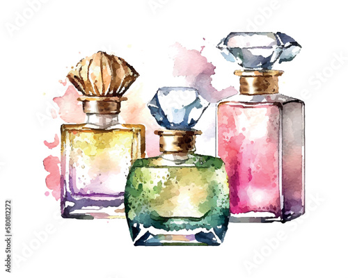 Watercolor Perfume bottle with flowers. Vector illustration. Fashion and style