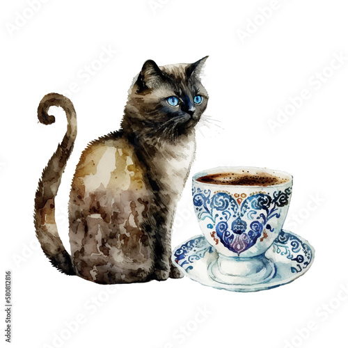 Cute watercolor cat with Turkish coffee cup Funny cat illustration, cartoon vector drawing.