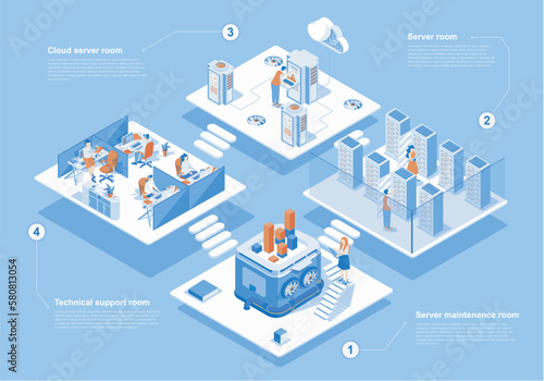 Data center concept 3d isometric web scene with infographic. People work in server maintenance and cloud processing hardware, technical support rooms. Vector illustration in isometry graphic design