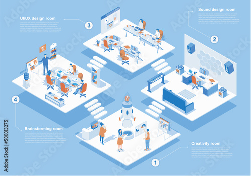 Designer studio concept 3d isometric web scene with infographic. People work at different creativity rooms, meeting and brainstorming at agency office. Vector illustration in isometry graphic design