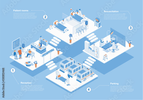 Hospital concept 3d isometric web scene with infographic. People waiting in reception, doctors work at resuscitation and wards, ambulance cars parking. Vector illustration in isometry graphic design