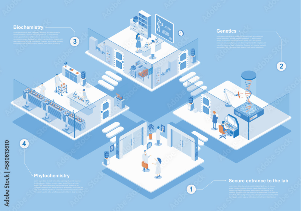 Laboratory concept 3d isometric web scene with infographic. People at secure entrance, doing research in genetics, biochemistry and other departments. Vector illustration in isometry graphic design