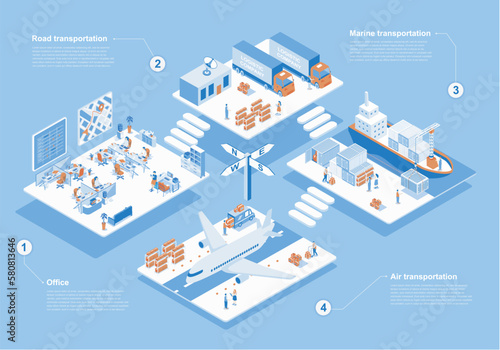 Logistic company concept 3d isometric web scene with infographic. People working in delivery office and provide road, marine and air transportations. Vector illustration in isometry graphic design