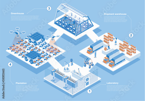 Modern agricultural concept 3d isometric web scene with infographic. People work at smart farm, research in laboratory, farming and export products. Vector illustration in isometry graphic design