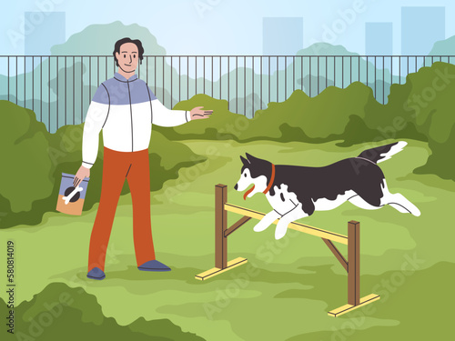 Man train dog. Guy teaches pet to take obstacles, husky with owner outdoor, animal sport activities on playground, executing commands, cartoon flat characters, tidy vector concept