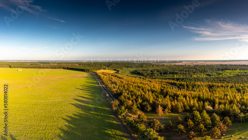 Widok zwieży widokowej AussichtsTurm Teichland na wiatraki