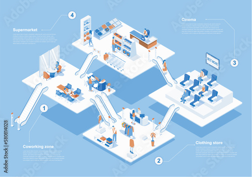 Shopping mall concept 3d isometric web scene with infographic. People buying at supermarket and clothing store, watch movie in cinema, work in coworking. Vector illustration in isometry graphic design