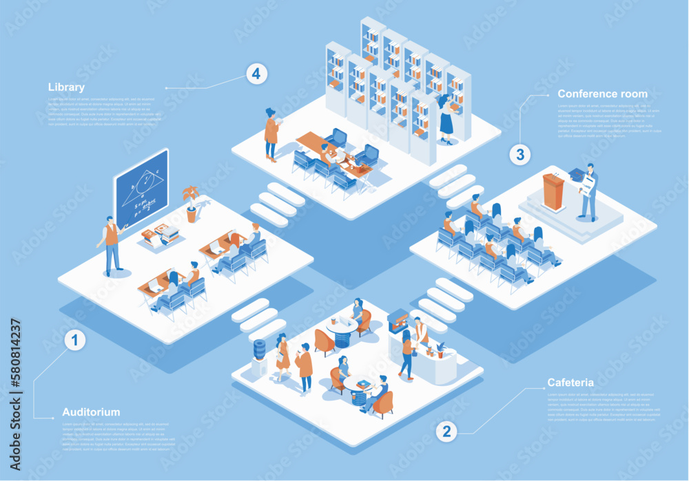 Vetor de University concept 3d isometric web scene with infographic ...
