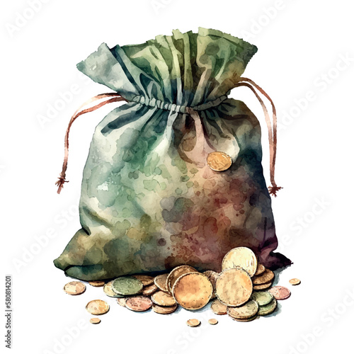 Watercolor Money bag with money coins Isolated