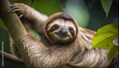  a brown and white sloth hanging from a tree branch with its head on a tree branch with green leaves in front of it and a blurry background. generative ai