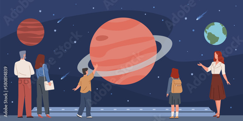 People at astronomy museum. Excursion for adults and children, visitors view starry sky projection, men women and kids in planetarium, cartoon flat characters, nowaday vector concept