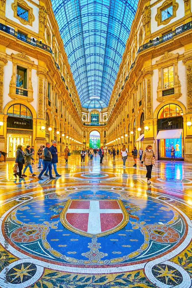 The mosaic floor of the central hall of Galleria Vittorio Emanuele II in Milan, Italy