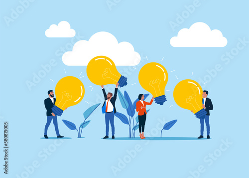 Business people holding light bulbs. Showing creativity and brainstorming.  Modern vector illustration in flat style