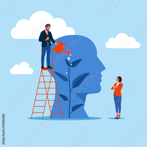 Man and woman watering plant inside head. Support for people in learning. Mind growth. Modern vector illustration in flat style