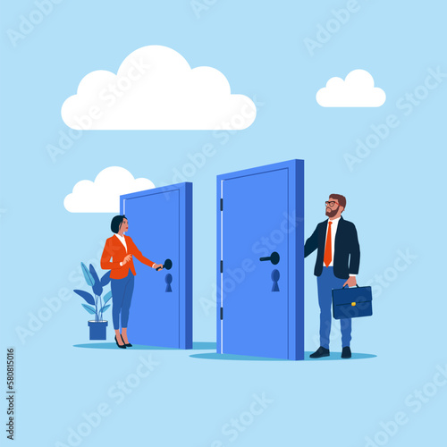Business people holding handle and opening apartment or office door. For entrance, home, exit, challenge, opportunity concept. Flat vector illustration