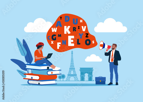 Man with megaphone teaching French alphabet. Girl student learning, sitting on books. Language course, education. Flat vector illustration