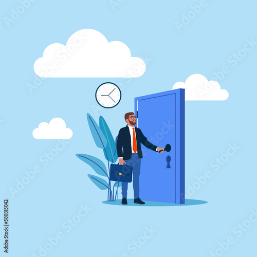 Businessman holding handle and opening apartment or office door. For entrance, home, exit, challenge, opportunity concept. Modern vector illustration in flat style