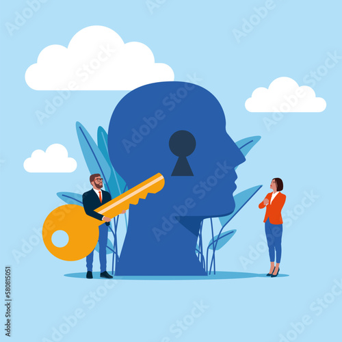 Business people holding key to keyhole in brain of abstract head. Man and woman opening lock. Modern vector illustration in flat style