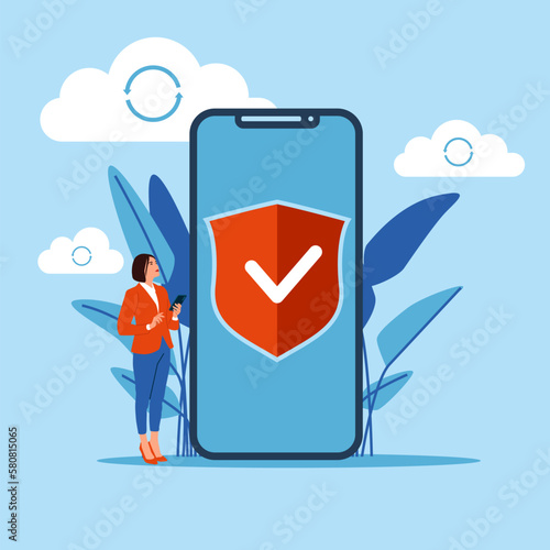 Protection of access to cell phone. Girl standing with smartphone and secure shield. Internet privacy. Modern vector illustration in flat style