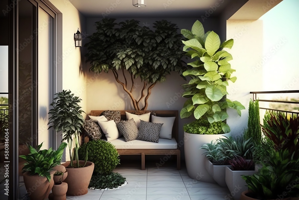 Green lush Indoor plants on the terrace. Beautiful indor plants in the ...