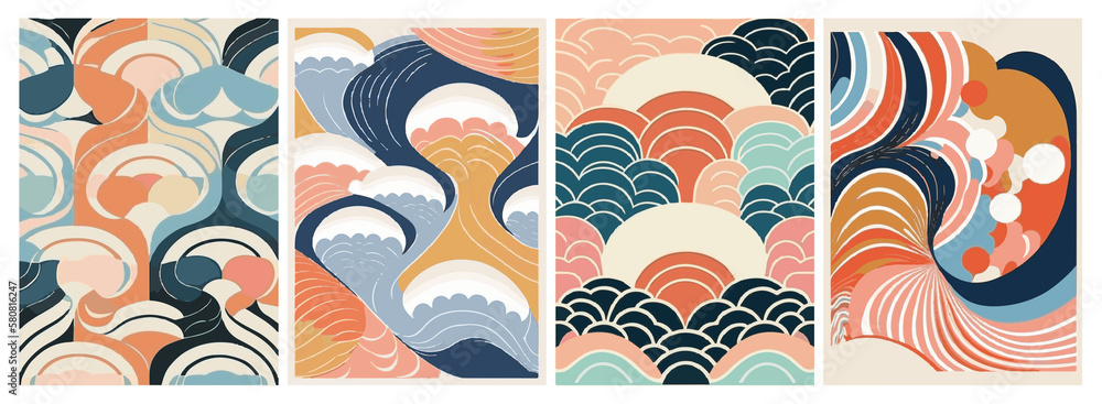 Obraz premium A set of backgrounds for text, landscape psychedelic hippie art, a frame of stylized waves. 