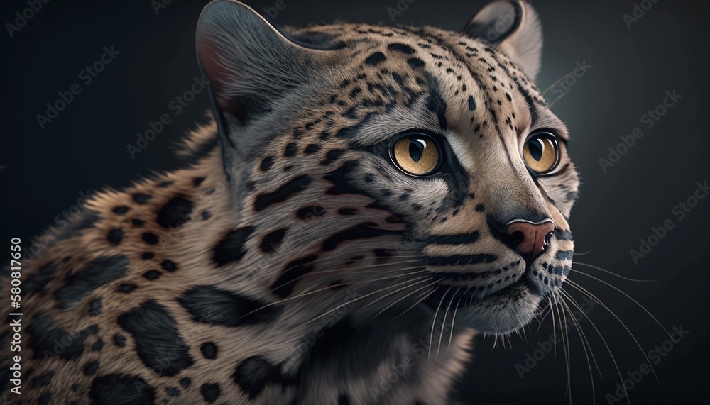 Obraz premium Leopard cat, kitten, with bright amber light eyes, beautiful fleecy texture, wild animal in the body of a pet, wallpaper. Generative AI.