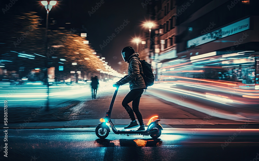 Person riding an electric standup scooter at night.Conceptual city