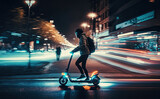 Person riding an electric stand-up scooter at night.Conceptual city micro mobility with e-scooter