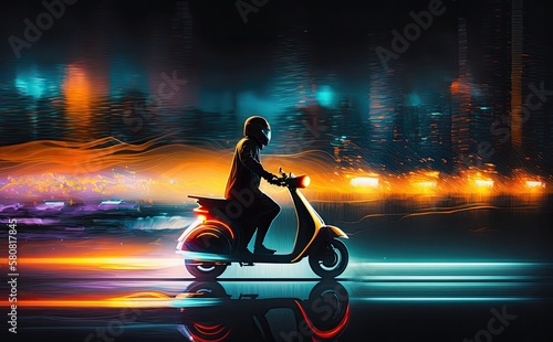 Colorful illustration of person riding an electric motorbike scooter in the city. 