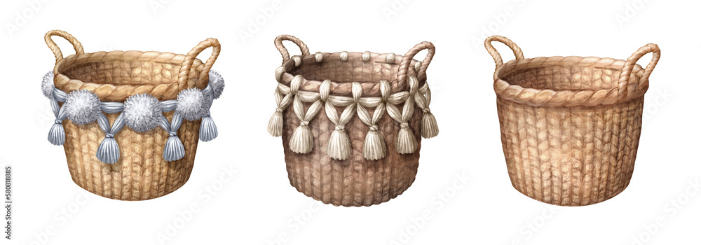 watercolor illustration, rustic wicker basket collection. Home organization concept. Traditional interior decor. Clip art set isolated on white background - obrazy, fototapety, plakaty 