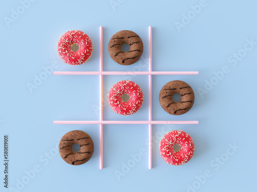 Playing in tik tak toe game with chocolate and pink strawberry donuts. Creative idea for bakery. Top view, flat lay, pastel colors. Sweets for kids, play game with  dessert. 3d render illustration