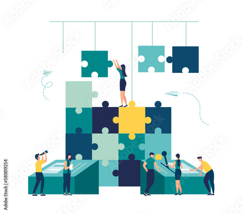 Teamwork character puzzle idea. Team metaphor. people connecting puzzle elements. Vector illustration flat design style. Symbol of teamwork, cooperation, partnership vector