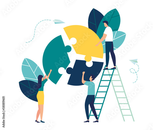 Teamwork character puzzle idea. Team metaphor. people connecting puzzle elements. Vector illustration flat design style. Symbol of teamwork, cooperation, partnership vector