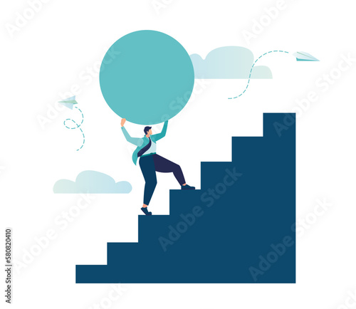 Vector illustration, people run to their goal on the column of columns, move up motivation, the path to the target's achievement