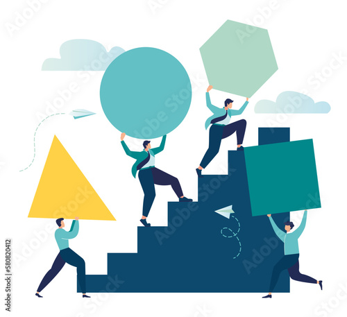 businessmen climb the ladder to the goal in the form of golden cup, competition, career planning, career development concept, teamwork Vector illustration