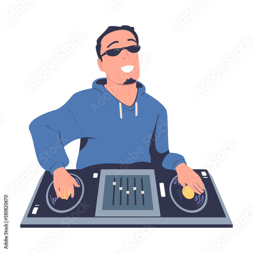 Male club DJ playing music at console mixer. Smiling man musician mixing audio records on turntable panel cartoon vector illustration