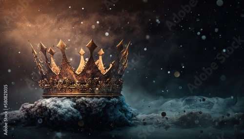  a golden crown on top of a rock in the ocean, with a dark background The crown is adorned with intricate details and is surrounded by a flurry of snowflakes, givin photo