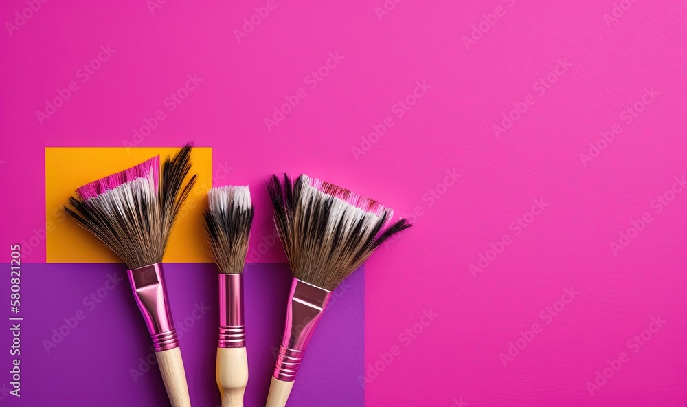 three brushes on a pink and purple background with a yellow rectangle in the middle of the image and a pink rectangle in the middle of the image. generative ai three brushes on a pink and purple background with a yellow rectangle in the middle of the image and a pink rectangle in the middle of the image. generative ai