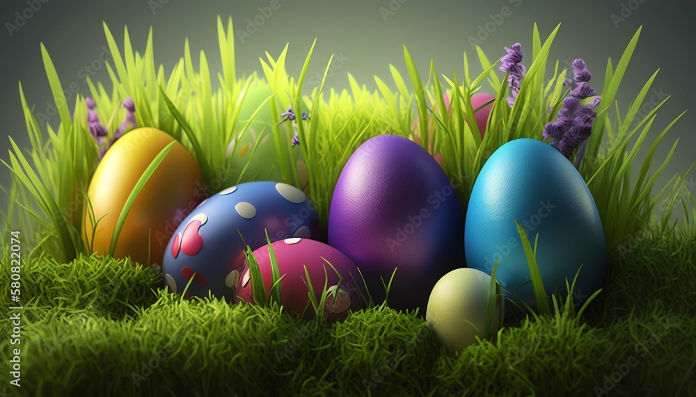 Easter eggs on the grass on a sunny spring day. Generative AI